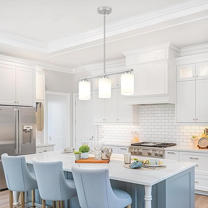 Brushed Nickel Island Lights for Kitchen, 3-Light Dining Room Light Fixtures Modern Linear Chandeliers Over Table White Frosted Glass Adjustable Hanging Lights Kitchen Pendant Lighting Over Island