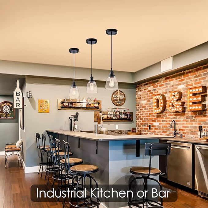 Industrial Mini Pendant Light Fixture Modern Clear Glass Adjustable Cord for Kitchen Island Dining Room Sink, Black, 3 Packs