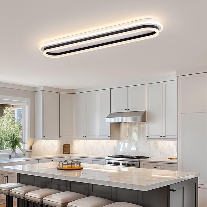 Modern Linear Ceiling Light, 31.5Inch Dimmable LED Flush Mount Ceiling Lamp with Remote Control, Long Kitchen Ceiling Light Fixture for Living Room Dining Room Bedroom Hallway (Black)