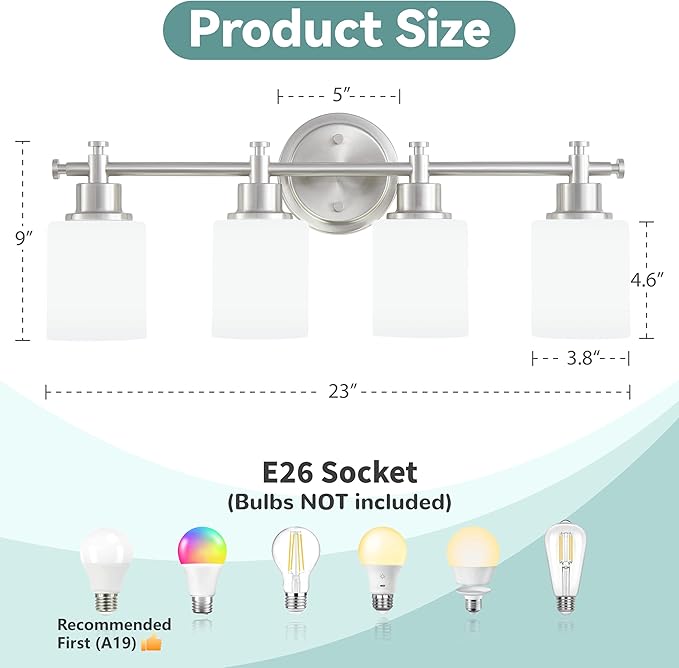 4-Light Bathroom Vanity Light, Brushed Nickel Vanity Light Fixture with White Frosted Glass Shades, Modern Anti-Rust Wall Sconce Over Mirror, Bathroom, Hallway (Bulbs Not Included, E26 Base)