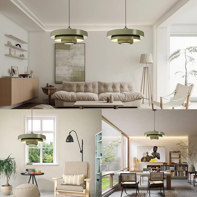 Large Olive Green Pendant Light, 17.7" Vintage Ceiling Chandelier with 3-Layer Metal Shade, Mid Century Modern Light Fixture for Dining Room, Shop, Cafe