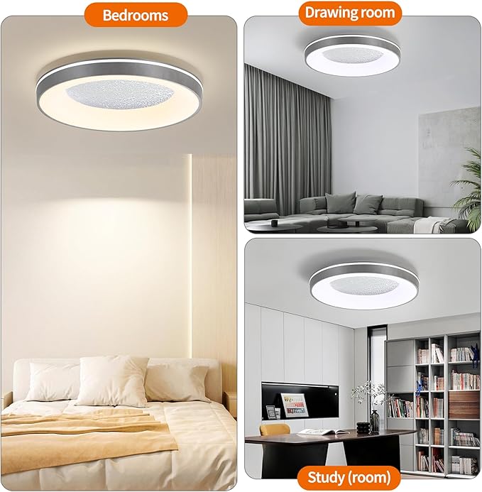 LED Flush Ceiling Light, 19in Grey Round Ceiling Light Dimmable 3000K/4500K/6500K Color Recessed Lamp for Living Room, Bedroom, Office,Hallway