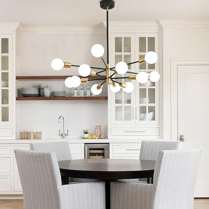 Sputnik Chandeliers, Black and Gold Chandelier,Modern Pendant Light Fixture Mid Century Industrial Ceiling Lighting 12 Lights for Dining Room, Kitchen, Bedroom, Living Room and Farmhoue