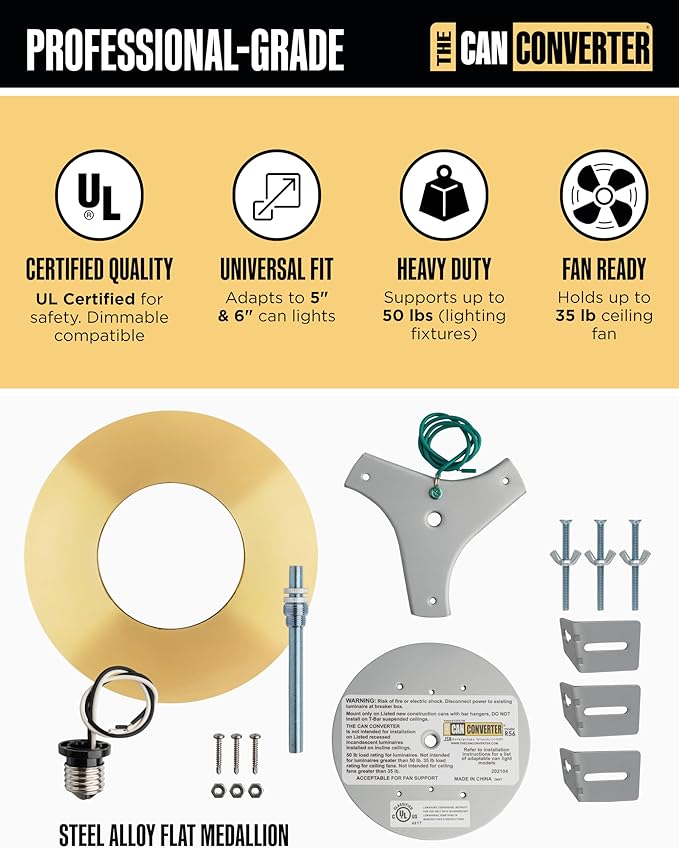 The Can Converter R56 Recessed Can Light Conversion Kit w/ 7"¾ Flat Ceiling Medallion - Home Improvement for 5" & 6" Cans, Converter Kit for Ceiling Fan & Light Fixture, UL Certified, Polished Brass