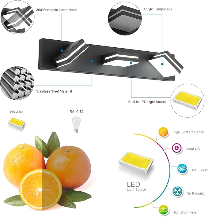 SineRise LED Modern Bathroom Vanity Light Fixtures, Dimmable Matte Black Modern Acrylic Bathroom Wall Lighting Fixtures Over Mirror (Cool White 6000K)
