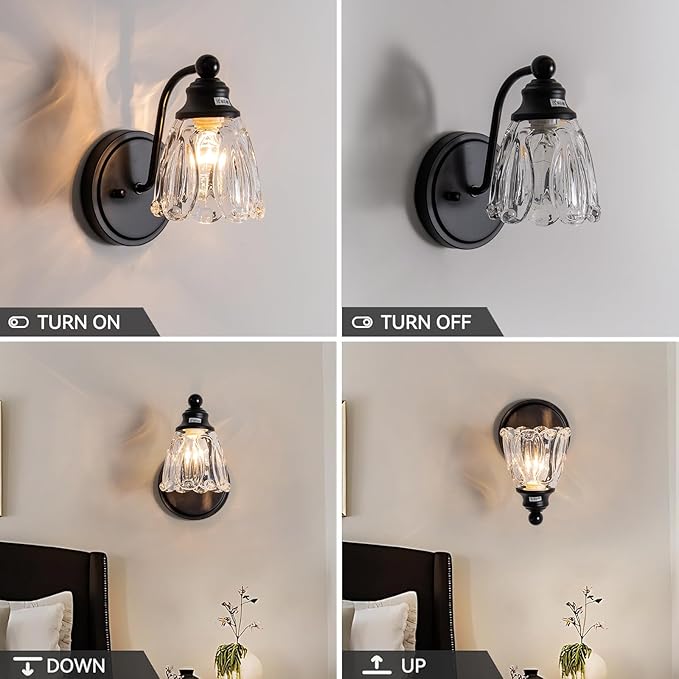 KSRYSZCQ Vintage Black Wall Sconce Set ot Two,Hardwired Matte Black Bathroom sconces Wall Lighting with Glass lampshape,E12 sconces Wall Decor Set of 2 for Living Room Porch Staircase Hallway Bedroom