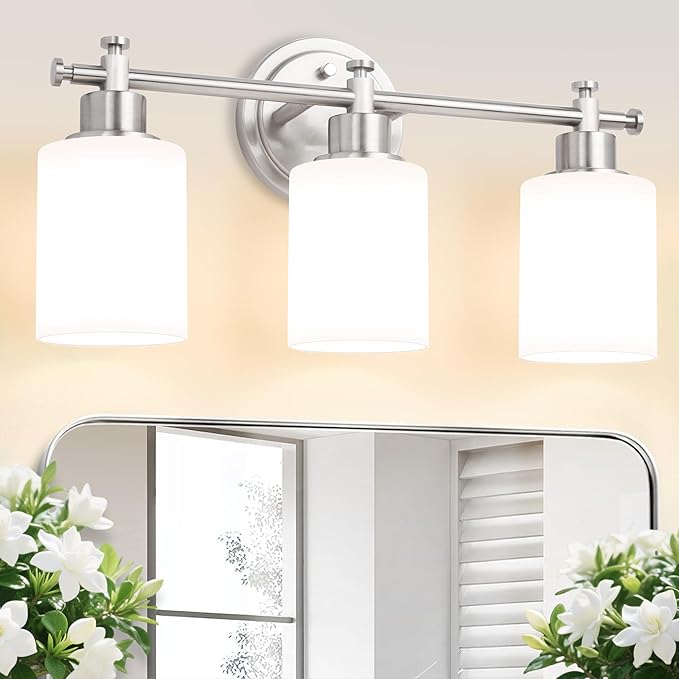 3-Light Bathroom Vanity Light Fixtures, Brushed Nickel Bathroom Wall Sconce, Modern Vanity Light with Milky White Glass Shade Over Mirror, Bathroom, Bedroom, E26 Base, 17 Inch