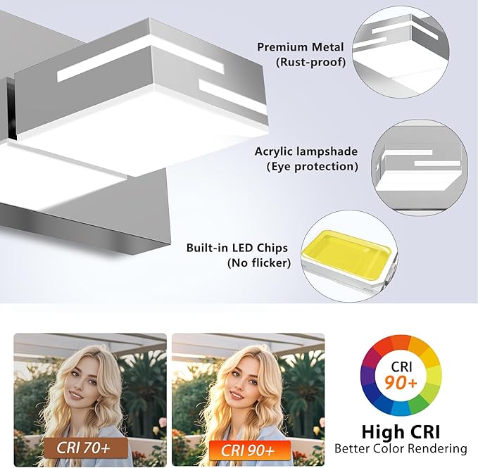 LED Modern Bathroom Vanity Light Fixtures, 3-Light 22-inch Dimmable Chrome Vanity Lights for Bathroom Lighting Fixtures Over Mirror, with 360° Rotatable Heads (Cool White 6000K)