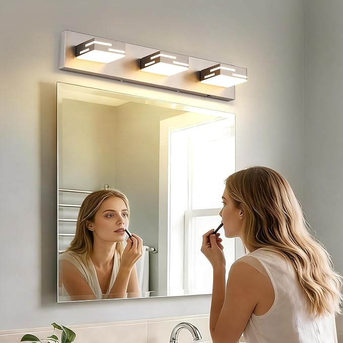 3-Light 5CCT Modern Bathroom Vanity Light Fixtures, 24-Inch 350° Rotatable LED Vanity Lights Over Mirror, Dimmable Brushed Nickel Wall Sconce with Frosted Acrylic Shade