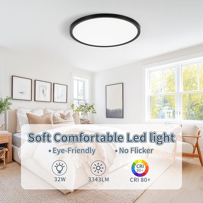 14.9 Inch 2PK LED Flush Mount Ceiling Light, ETL ,32W, 3343LM, 3000K/3500K/4000K/5000K/6500K CCT Selectable, 0.66in Ultra Thin Round Flat Panel Ceiling Light Fixture for Bedroom, Kitchen, (Black)
