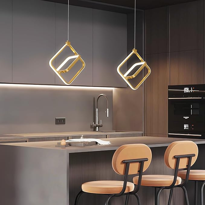 Modern LED Chandelier Gold Rectangular Pendant Light Fixtures 4000K 20W Dimmable Height Adjustable Pendant Lighting for Dining Room Kitchen Island Bedroom Living Room Foyer（2-Pack）