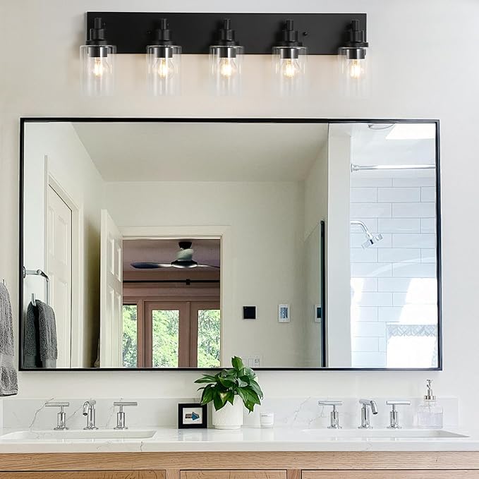 LOUSACE 5 Light Bathroom Vanity Light, Matte Black Bathroom Light Fixtures Over Mirror, Modern Bathroom Lighting with Clear Glass Shade, Black Farmhouse Wall Sconces Lighting Fixture for Bedroom