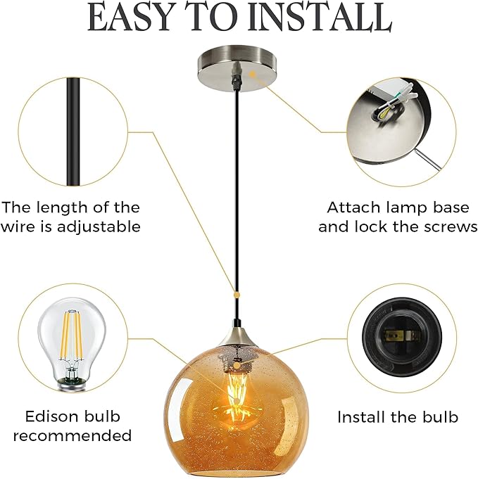 7.1in Medium Amber Glass Pendant Light for Kitchen Island, 3-Pack with Extra LED Bulbs & 4.92ft Adjustable Cord | Modern Minimalist Lighting for Dining Room, Living Room, Entryway
