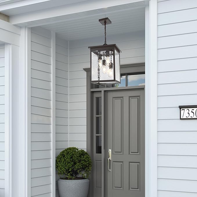 16.7'' Large Outdoor Pendant Light, 4-Lights Black and Brushed Brass Exterior Hanging Porch Chandelier Lantern with Hammer Glass, Outdoor Ceiling Light Fixture for Entryway Gazebo Patio