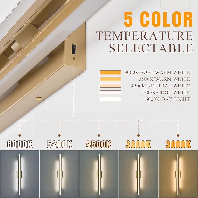 48" Gold LED Bathroom Light Fixtures Long Vanity Lights Over Mirror Lighting Lamps Wall Mount Lighting Over Vanity Picture Indoor 5CCT(3000K/3800K/4500K/5200K/6000K)