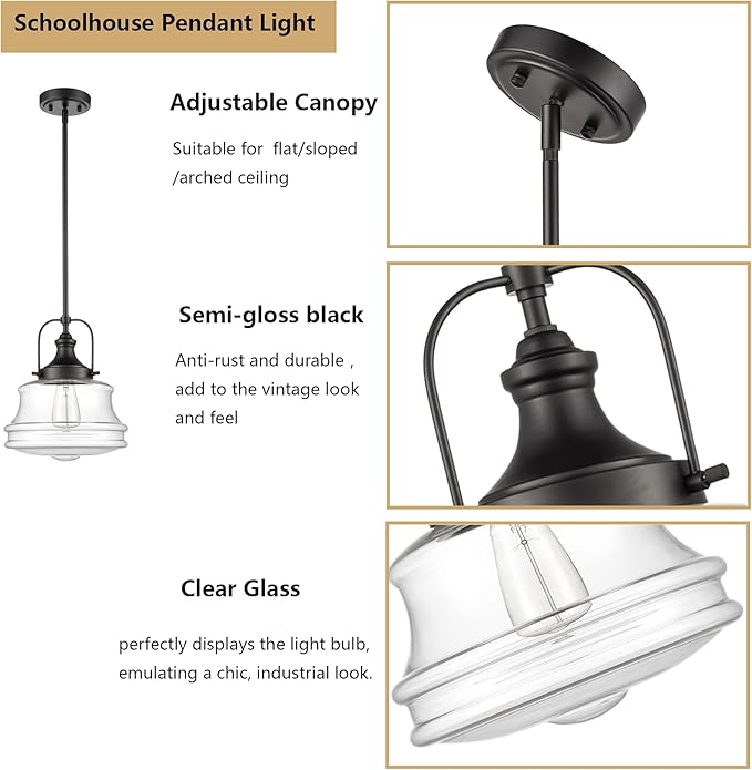 DEYNITE Industrial Black Pendant Light Milk White Glass Schoolhouse Hanging Light Fixture, E26 Dimmable Light for Kitchen Bar Dining Bathroom Bedroom