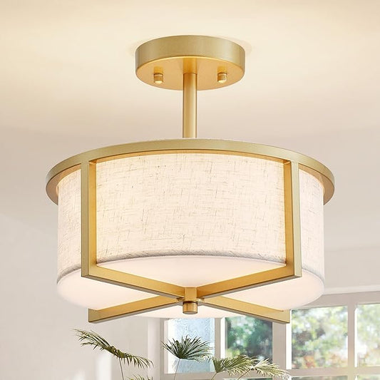 Modern Fabric Drum Chandelier, Semi-Flushmount Close to Ceiling Light Fixture for Living Room, Bedroom, Dining Room, D12 x H9 in, Gold Finish Metal Frame & Linen Fabric Shades