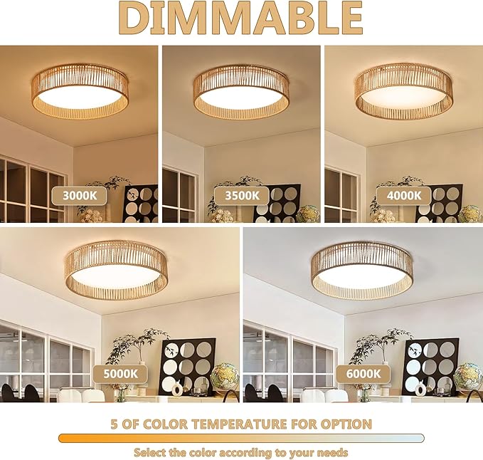 Rattan Overhead Light Fixture, 24W 16.9inch LED Dimmable Handwoven Boho Light Fixture 5CCT 3000K-6000K for Hallway Bedroom Kitchen Entryway Living Room