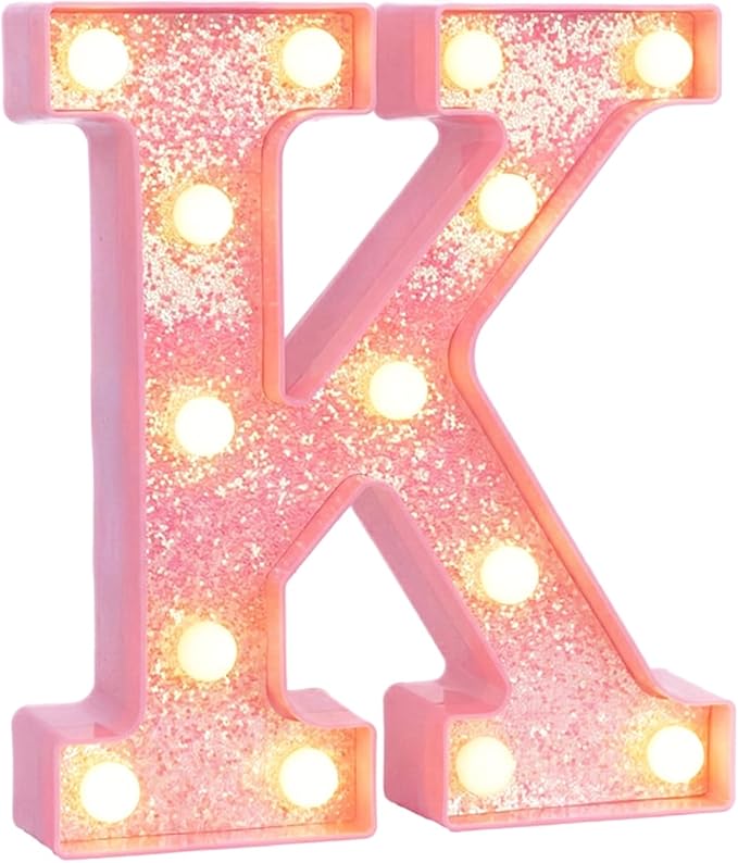 Pink Marquee Light Up Letters, Glitter Alphabet LED Letter Lights for Pink Birthday Party Decorations, Battery Operated Letter Sign for Girls Room Vanity Table Decor, Warm White Lights Letter K