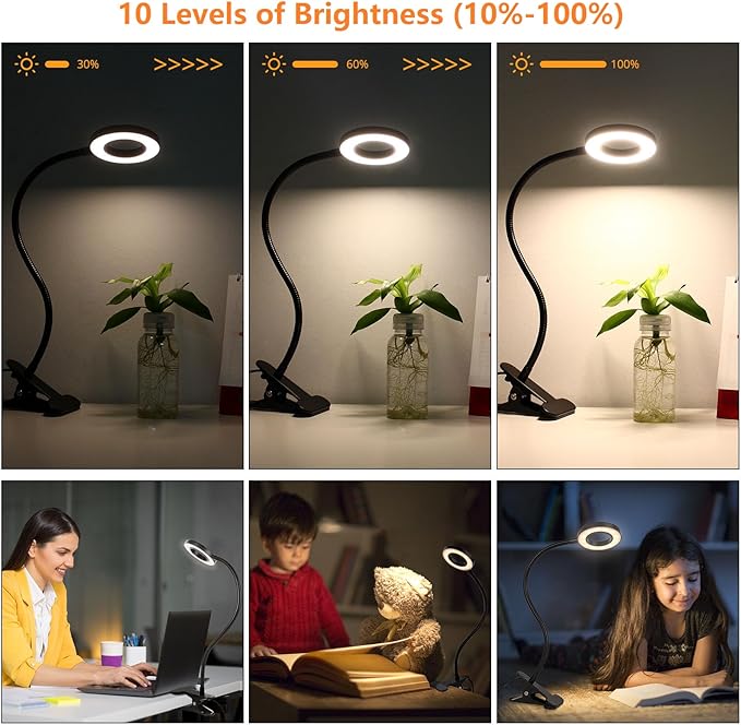Woputne Desk Clip on Lamp for Reading Home Office, with 5V 2A Adapter, 10 Dimmable Brightness 3 Modes, Clamp Reading Light for Bed Headboard, Craft (2packs, Black)…