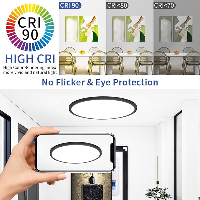 16 inch LED Flush Mount Ceiling Light, 32W 3200lm Dimmable Ceiling Light Fixtures, 3000K/4000K/6500K Selectable, Ultra Thin Round Lamp for Bedroom Kitchen Living Room Dining Room, Black