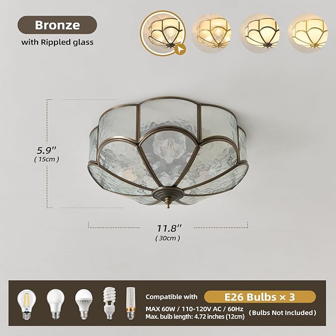 Vintage Black Glass Ceiling Light - Small 11.8 in Bronze Mid Century Flush Mount Lighting Fixtures - Art Deco Antique Modern Lamps for Hallway Bedroom Kitchen Entryway Farmhouse Bathroom Hall Laundry