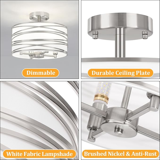 TOULMJ 4-Light Semi Flush Mount Ceiling Light, Brushed Nickel Drum Chandelier with White Fabric Shade, Modern Farmhouse Light Fixtures for Kitchen Island Laundry Room Hallway Dining Room