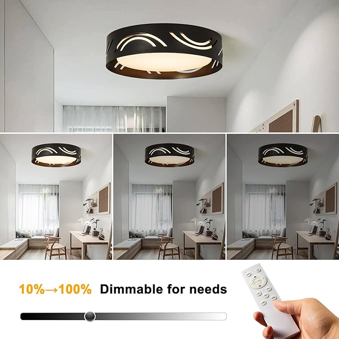 Modern Dimmable LED Flush Mount Ceiling Light with Remote, 2400LM 2700K-6500K Adjustable 12 Inch Bedroom Ceiling Light with Night Light for Kitchen Hallway Bathroom Living Room (Black, Arc