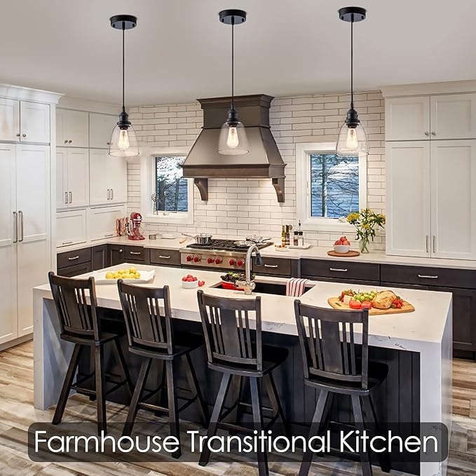 Industrial Mini Pendant Light Fixture Modern Clear Glass Adjustable Cord for Kitchen Island Dining Room Sink, Black, 3 Packs