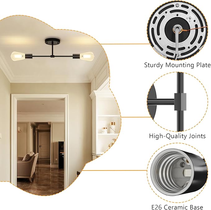 FadimiKoo 2-Light Black Bathroom Lighting Over Mirror, Modern Sconces Wall Light Fixtures, Indoor Semi Flush Mount Ceiling Light for Hallway Bedroom Kitchen (1 Pack)