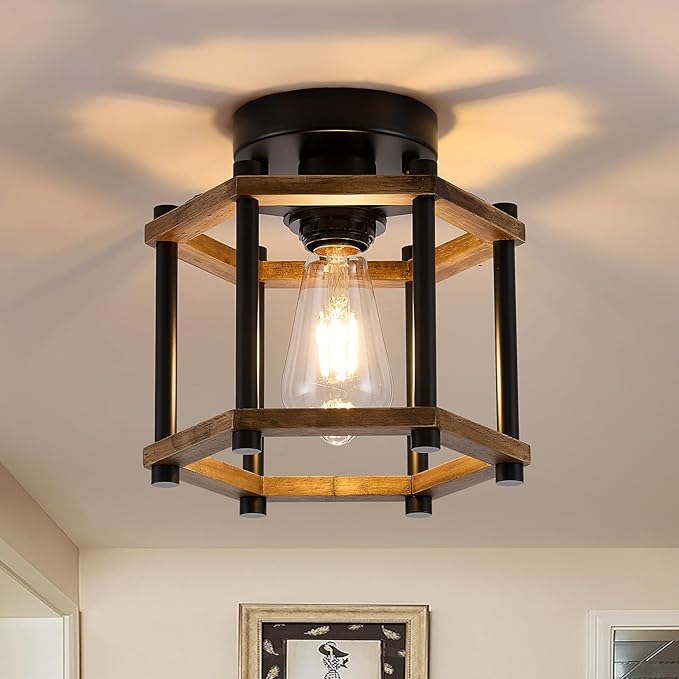 Dijiahua 1-Light Rustic Farmhouse Wood Flush Mount Ceiling Light Fixture, Small Black Semi Flush Mount Ceiling Lighting with Oak Wooden and Hexagonal Cage for Hallway Entryway Bedroom Kitchen