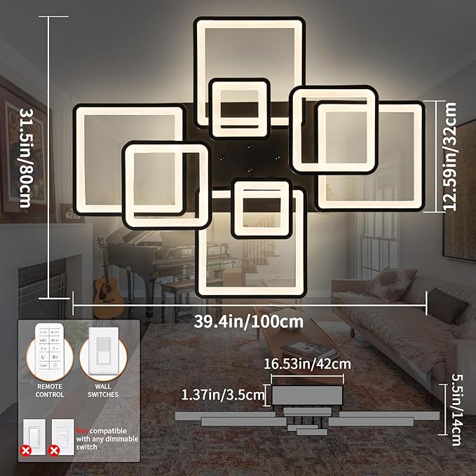Shine LUEST Modern LED Ceiling Light, Dimmable LED Chandelier Black Flush Mount Ceiling Lights, Remote Control Acrylic Ring Ceiling Lamp Fixture for Living Room Dining Room Bedroom, 8H-FANG-BL-04