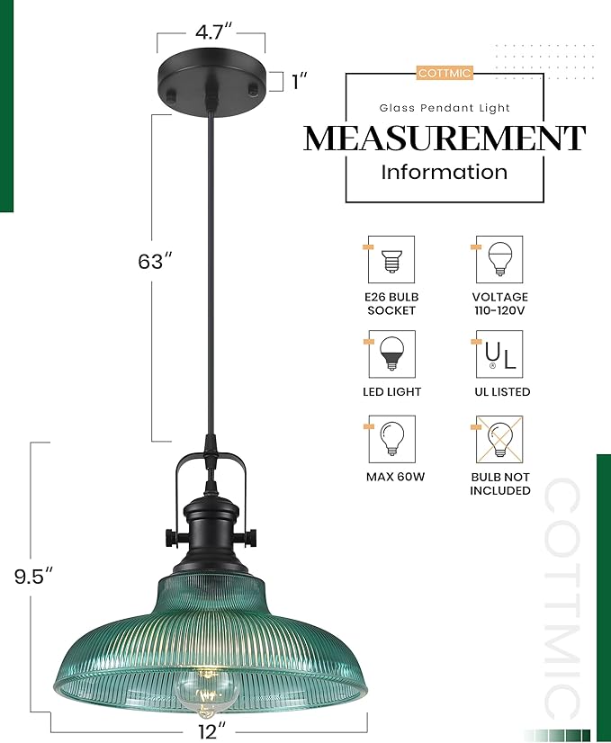Green Glass Pendant Lights Kitchen Island, 12in, Ribbed Glass Kitchen Pendant Lights Fixture, Farmhouse Pendant Lighting for Dining Room Bedroom Bar Sink, 2 Pack