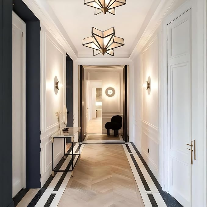 LIGHTLAND 11.8 Inch Flush Mount Star Ceiling Light, 3 Lights Brass Ceiling Lamp with Glass Lampshade, Art Deco Close to Ceiling Light Fixtures for Entryway Hallway Porch, Bronze Color