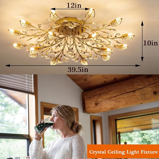 Crystal Ceiling Light Fixture,Semi Flush Mount Ceiling Lights,Chandelier Dining Room for Bedroom Living Room Dining Room Kitchen Hallway Foyer