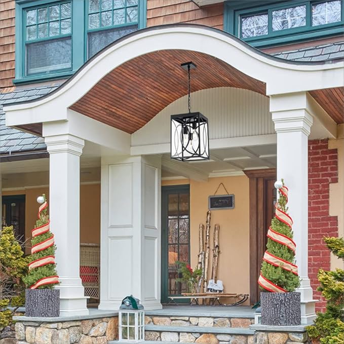 Outdoor Pendant Light Fixture, 3-Light Black Large Exterior Hanging Lantern with Clear Glass, Metal Outdoor Chandelier Porch Lighting for Front Porch Entrance