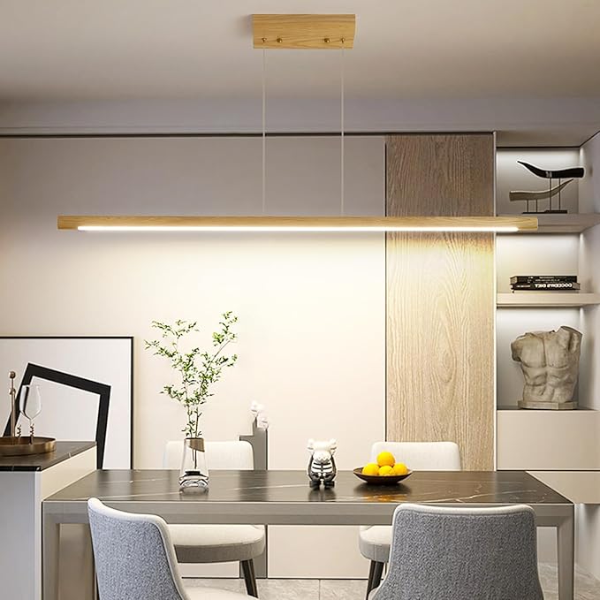 Modern Wooden Pendant Light, 39IN White Ash Wood Chandelier with Remote Control 3000k-6500K Adjustable Color Temperature，Aluminum Island Lighting Lamp for Dining Room, Living Room B