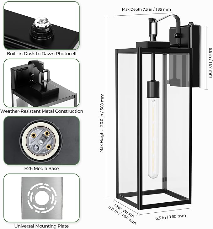 DORESshop 20 Inch Large Size Dusk to Dawn Outdoor Wall Lights, Matte Black Waterproof Anti-Rust Outdoor Light Fixtures Wall Mount with Clear Glass Shade for Porch, with T30 Light Bulbs, 2 Pack