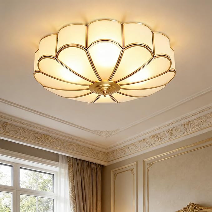 MIXL- Mid Century Brass Flush Mount Ceiling Light,LED Antique Brass Light Fixture, Modern Frosted Glass Ceiling Lamps for Living Room, Close to Ceiling Light Decorative for Bedroom(23.62" W)