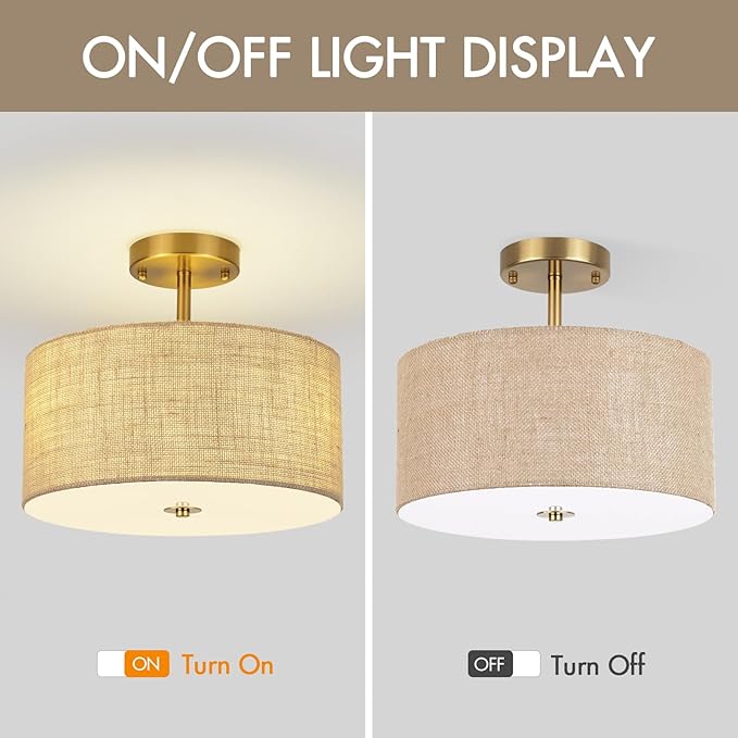 13 Inch Modern Semi Flush Mount Ceiling Light Fixture, Gold Drum Lamp with Textured Woven Linen Burlap Shade, Rustic Farmhouse Boho Lighting for Bedroom, Kitchen, Hallway, Entryway Room