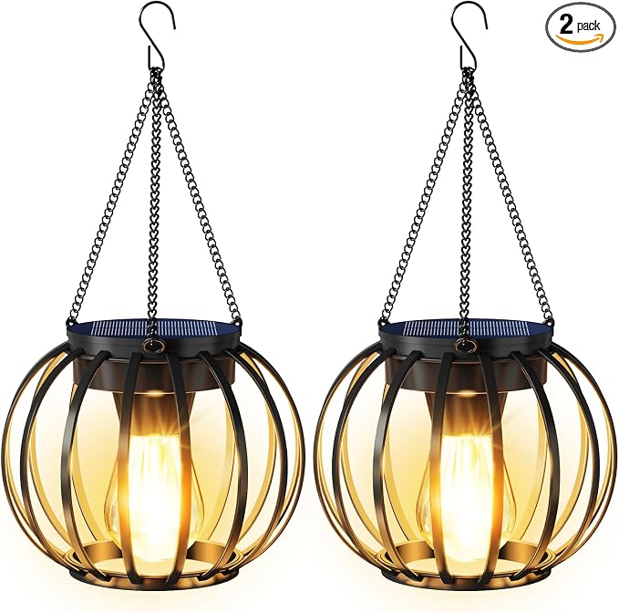 Solar Lanterns Outdoor Waterproof 2 Pack, 14.37" Metal Hanging Solar Lights for Outside with Auto On/Off & Hook - Brighter Hanging Outdoor Lanterns Decorative Lighting for Garden Patio Yard