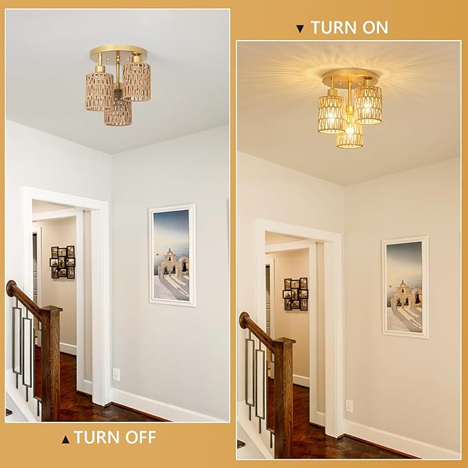 3-Lights Boho Light Fixtures - Farmhouse Rattan Light Fixture with Woven Cage Shade, Gold Semi Flush Mount Ceiling Lights for Bedroom, Kitchen, Hallway