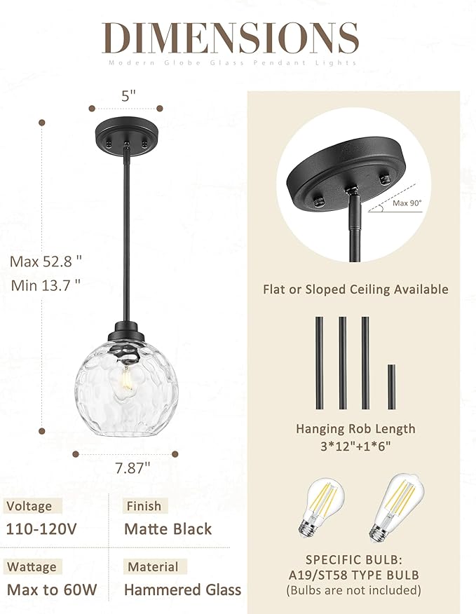 8 Inch Modern Farmhouse Pendant for Kitchen Island, Adjustable Height Hanging Fixture with Hammered Glass, Matte Black, Dining Room Entryway - PL101HBK-L