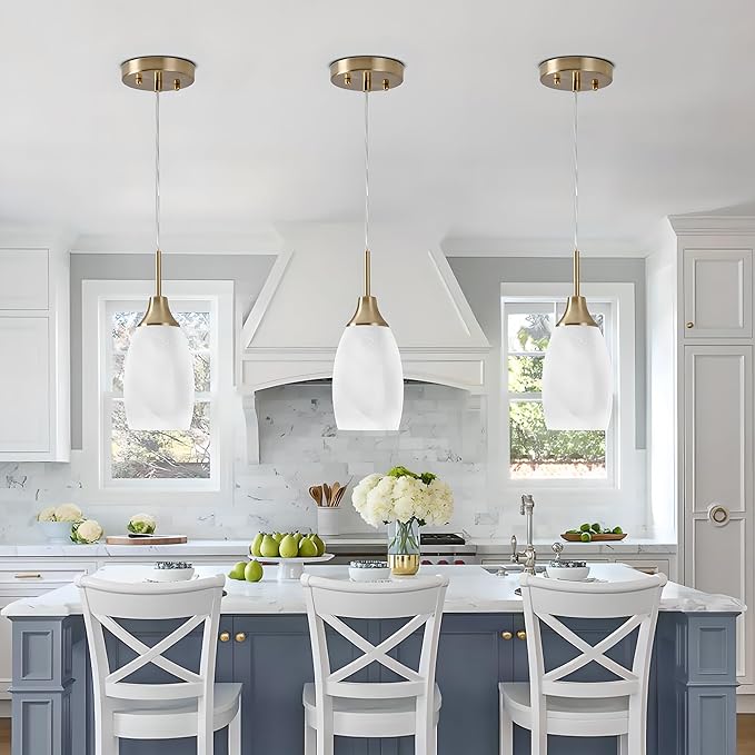 Viinew Mini Glass Pendant Light 3-Pack Handblown Art White Swirl Oval Hanging Pendant Lamp 4.72" Glass Chandelier for Kitchen Island Dining Room Living Foyer Hallway Entry Brushed Gold Finish