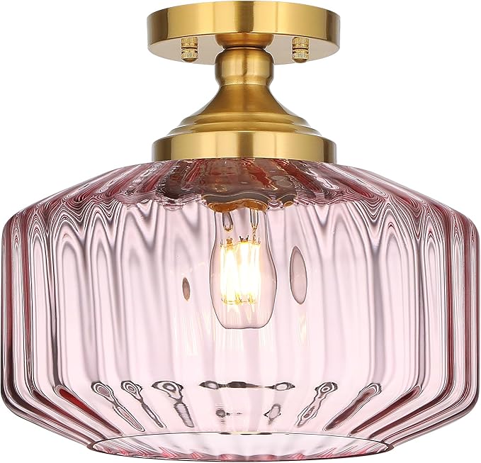 11.8in Semi Flush Mount Ceiling Light Fixture, Vintage Striated Glass Kitchen Lighting Fixtures Ceiling Mount for Entryway Hallway Bedroom Dining Room Bathroom Foyer Laundry (Pink)