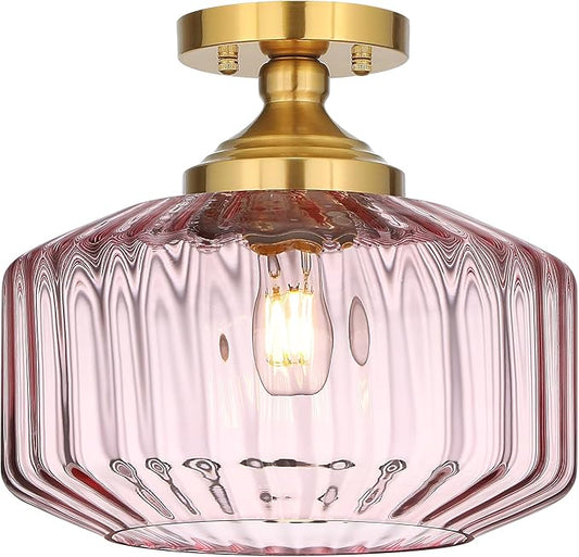 11.8in Semi Flush Mount Ceiling Light Fixture, Vintage Striated Glass Kitchen Lighting Fixtures Ceiling Mount for Entryway Hallway Bedroom Dining Room Bathroom Foyer Laundry (Pink)
