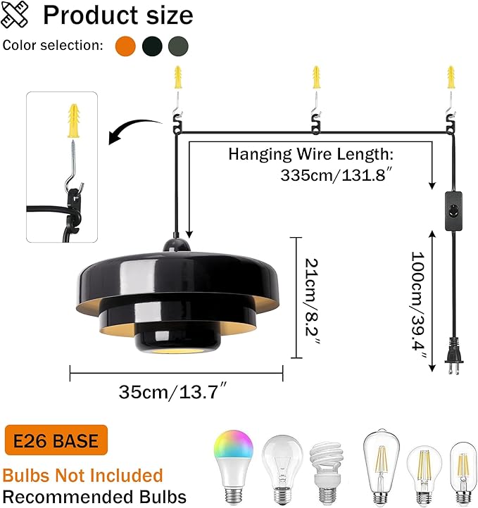Black Pendant Light with Plug in Cord Modern Pendant Lighting 3-Layer Nordic Style Metal Shade Hanging Light Fixtures Hanging Lamp for Kitchen Island Dining Room Bedroom