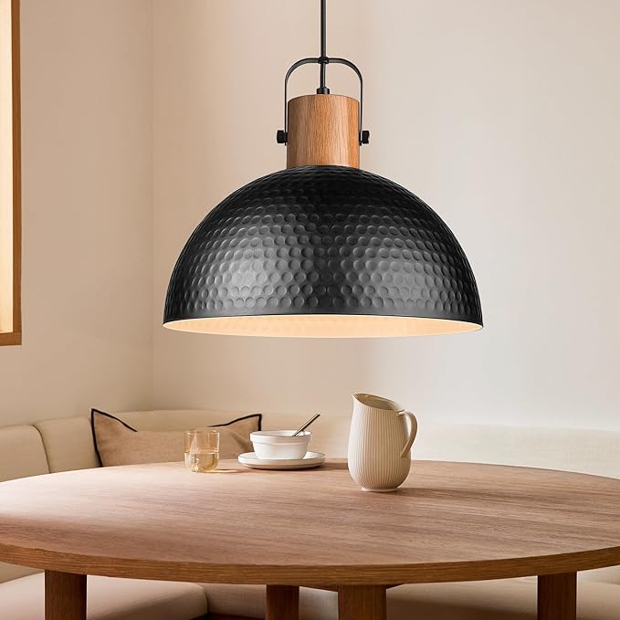 ELYONA 16 Inch Ash Wood Hammered Pendant Light Fixtures, Large Metal Dome Ceiling Hanging Lamp, Industrial Chandelier for Kitchen Island, Bar, Farmhouse, Dining Table, Hallway, Modern Black