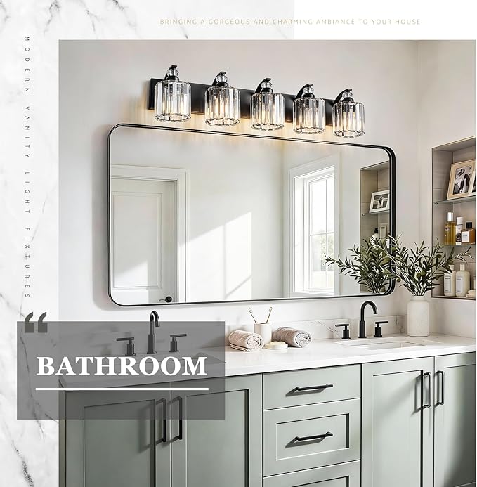 5-Light Black Bathroom Light Fixture Modern Vanity Lights Over Mirror Vintage Wall Sconce Lighting for Bathroom, Bedroom, Living Room, Hallway E26 Base with Crystal Bathroom Vanity Light