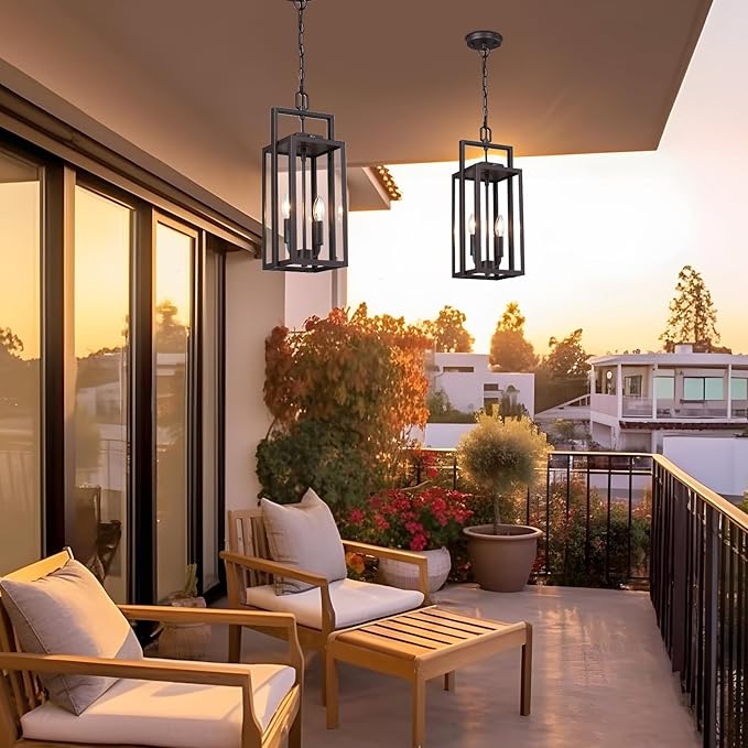 17.8'' Large Dusk to Dawn Outdoor Pendant Light 2-Light, Modern Brown Metal Outside Chandelier Exterior Hanging Fixture Ceiling Mount with Clear Glass for Front Porch Entrance Entryway, 1 Pack